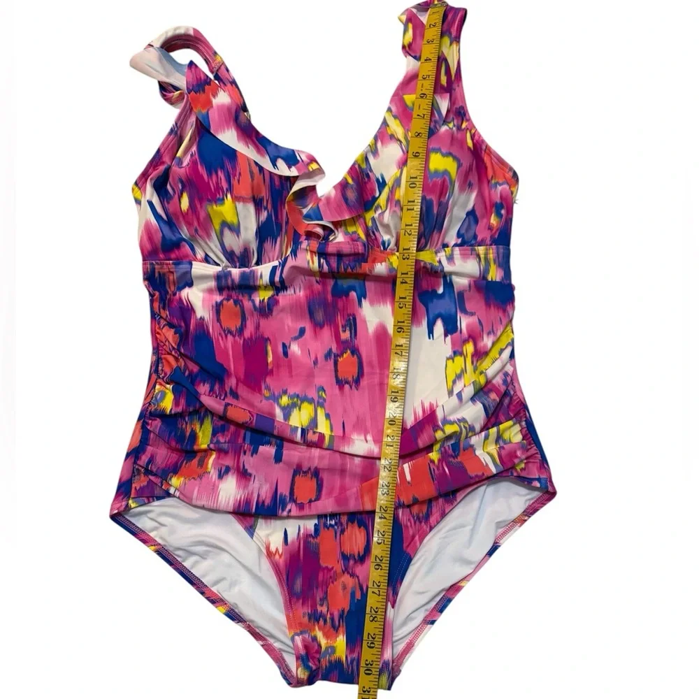DKNY Ruffle Neck One-Piece Floral Slimming UV Protection Swimsuit - Picture 12 of 12